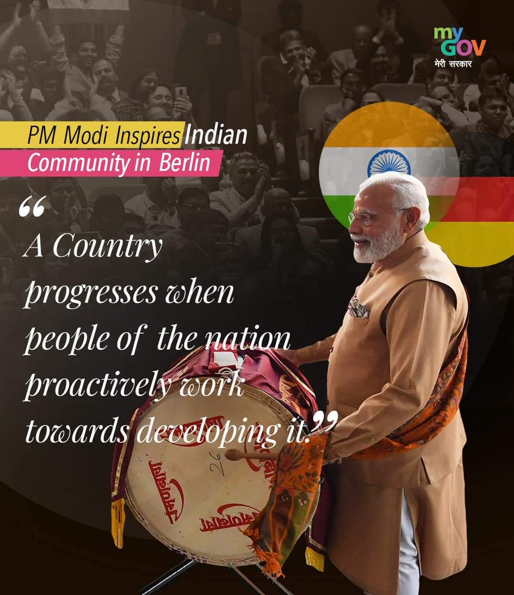 N65354432's tweet photo. PM Narendra Modi addressed the Indian community reception in Berlin, Germany yesterday. Here are the key highlights from his inspiring speech! https://t.co/p46FSTRGQb