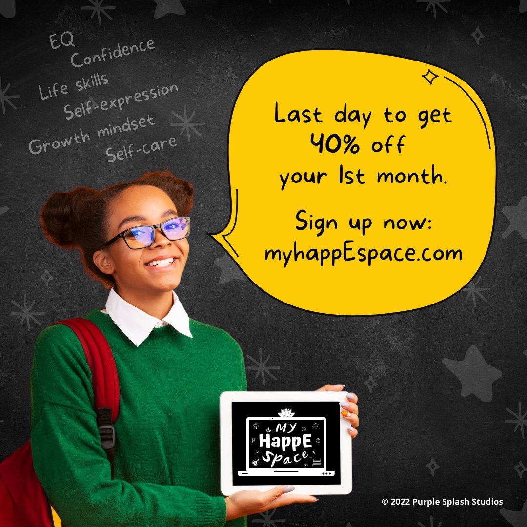PurpleSplashS's tweet photo. Last day to get 40% off 1st month of #myHappEspace. That's ~$4 for a full month of #selfgrowth activities. Sign up w/code LAUNCH40 https://t.co/pYlll8AQIf
Share in support of #MentalHealthAwarenessMonth

#mentalhealth #socialemotionallearning #kidsmentalhealth #teenmentalhealth https://t.co/nhb1AklXdW