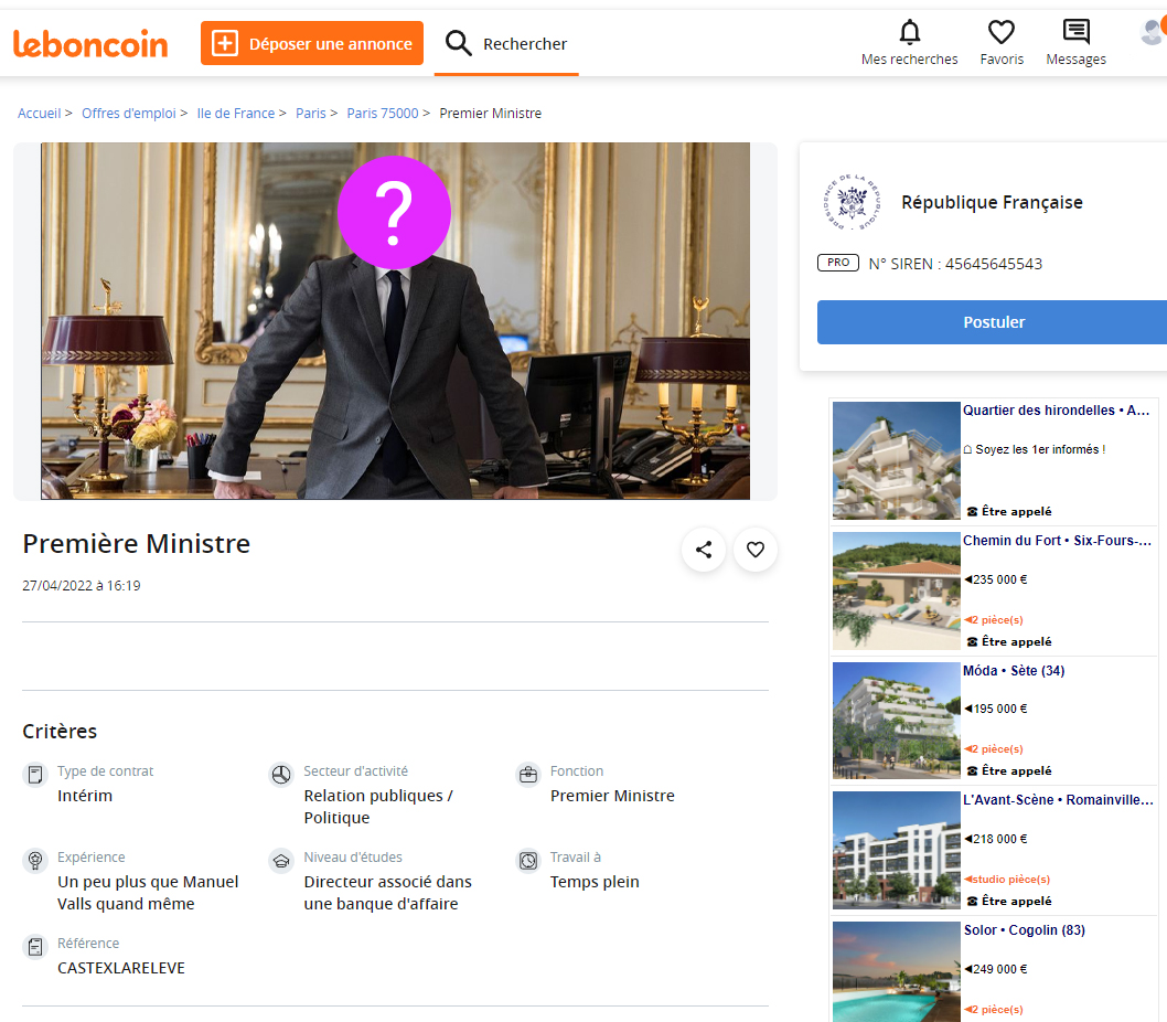 VASSIL_LEVSKI's tweet photo. Manu, il est tellement désespéré dans sa recherche de Premier.e Ministre qu'il a posté une annonce sur @leboncoin. On me dit même qu'il est en train de créer un profil employeur chez @poleemploi_IDF. #1erMinistre #PremierJob https://t.co/2wHWGT3Wfl