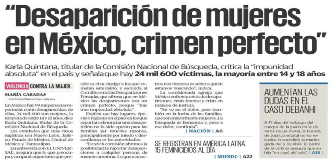 La desaparición de mujeres y los feminicidios quedan impunes ante la ineptitud y la falta de estrategia del Gobierno de Morena que ha sido incapaz de brindarles seguridad.

Urgen medidas para prevenir y erradicar esta terrible situación.

Vía <a href="/El_Universal_Mx/">El Universal</a>