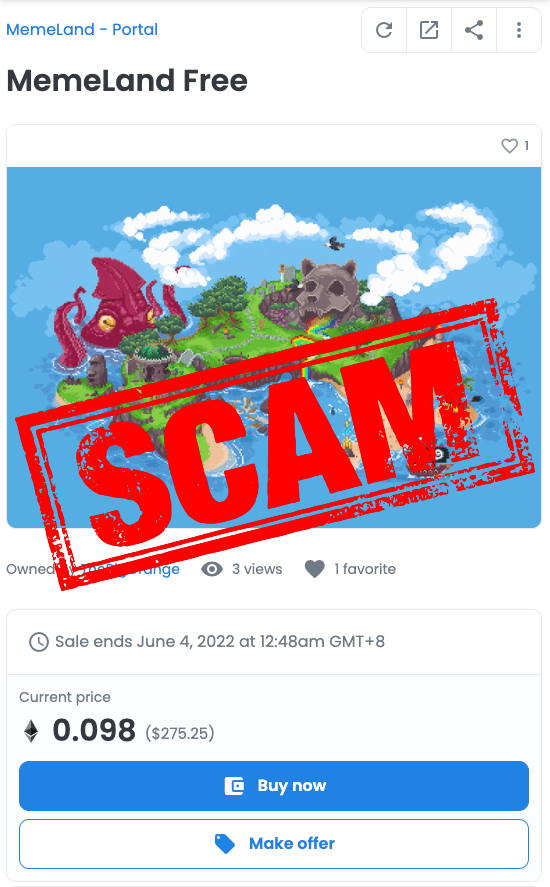 Memeland's tweet photo. ⚠️ WARNING ⚠️

We have received multiple reports that there are "free drops" of "MEMELAND NFT". Those are scams!

DO NOT LIST IT, MOVE IT, OR SELL IT. DO NOT INTERACT WITH IT. ANY INTERACTION WITH IT MAY DRAIN YOUR WALLET!

Report it to @opensea if you get one. Stay smart! https://t.co/Q8I06hhppX
