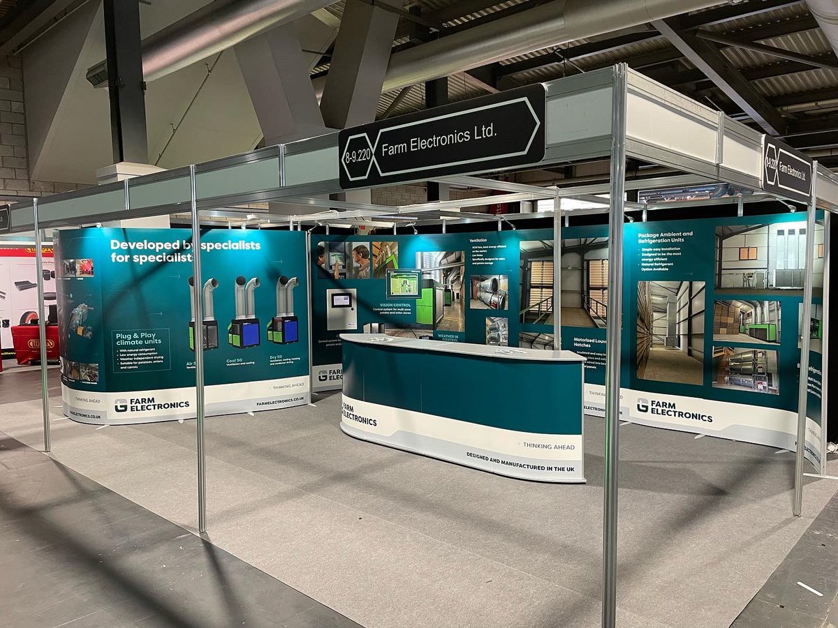 ElectronicsFarm's tweet photo. All set up really for #lamma tomorrow! Looking forward to showing off our new branding and some exciting new developments #britishengineering #cropstorage #potatostore #onionstore https://t.co/ZvGPqEP6ZX