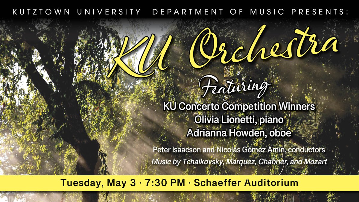Join the KU Orchestra in Schaeffer Auditorium tomorrow (05/03/2022) at 7:30 PM for their final concert of the Spring 2022 semester! Featuring KU Concerto Competition Winners. youtu.be/WRL3TuPpidc
#kutztownuniversity #departmentofmusic #KUOrchestra