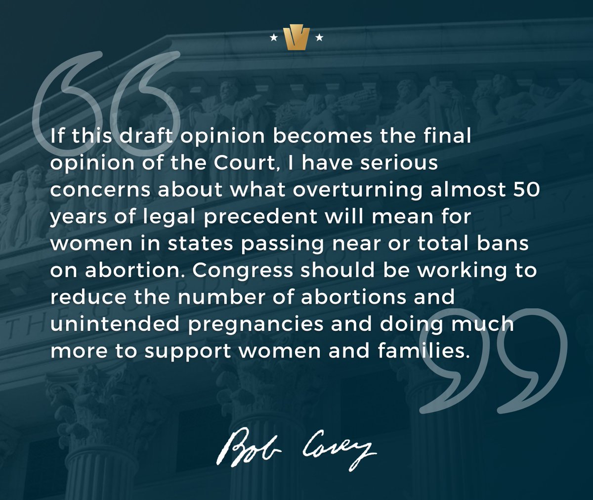 SenBobCasey's tweet photo. My statement on the Supreme Court's leaked decision in Dobbs v. Jackson Women's Health Organization: https://t.co/ntAdPY174Y