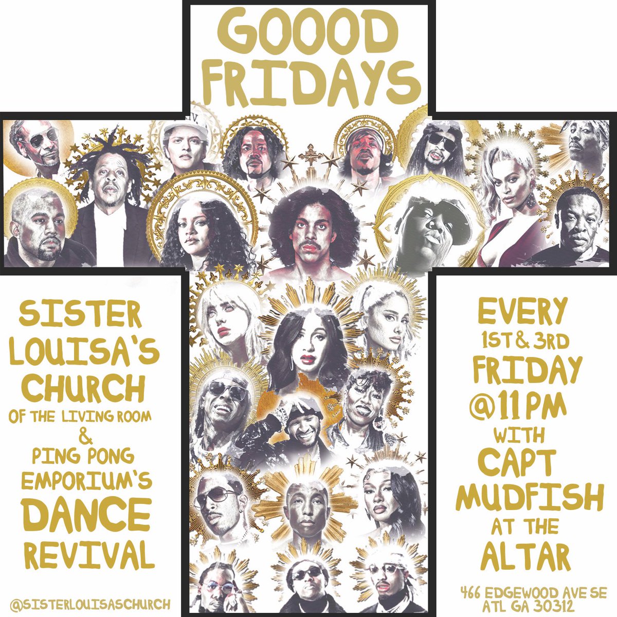 Hey yo… it is I, @captmudfish the patron saint of musicology!!! And I decree every first and third friday of the month as GOOOD FRIDAYS!!! I will be at @sisterlouisaschurch on edgewood for a DANCE REVIVAL… I will be blessing The Church from my alter of turntables at 11pm