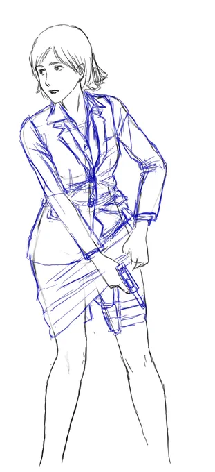 7服を着ない状態を整えます 8 服のアタリを付けますガーターホルスターとピストルを描きます(もうちょい上か?) 9素材や縫製など服の種類を意識して引っ張りやシワなど整えます