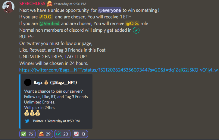 Just so you all know, members in our discord were competing in the same competition but they had the chance to win ETH or higher roles with even more benefits.....make sure to not miss out on a chance to join us 💰💰💰
Turn on Notifications 🔔🔔🔔
#BAGZ