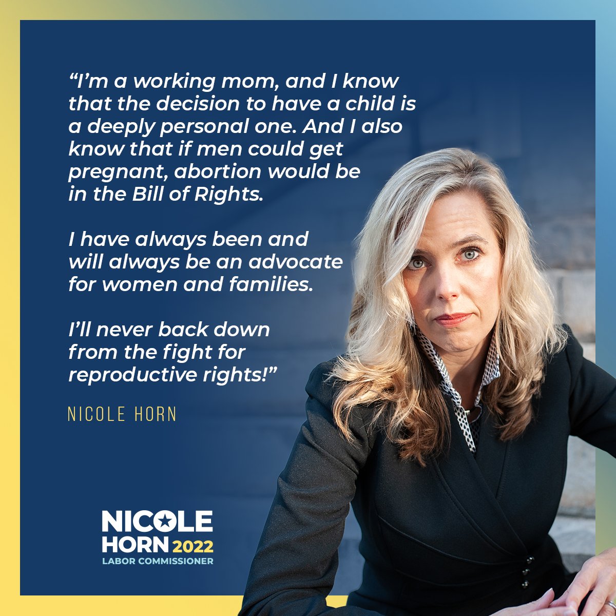 I’m a working mom, and I know that the decision to have a child is a deeply personal one. I also know that if men could get pregnant, #abortion would be in the Bill of Rights. 

Georgians deserve a Labor Commissioner who won't back down from the fight for #reproductiverights!