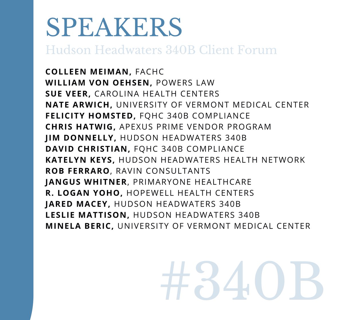 Hudson340B's tweet photo. The Hudson 340B team is excited to bring together some of the best and brightest speakers in the #340B space for our annual Client Forum. Thank you to all of our speakers for dedicating their time and efforts to bring this event to life for our clients and partners. 👏 https://t.co/qixduHOrTe