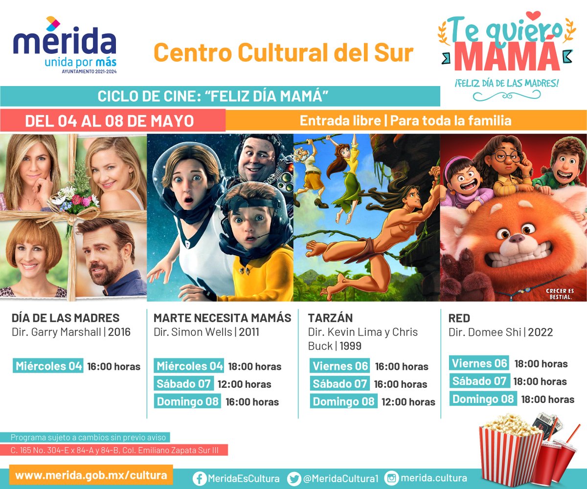 MeridaCultura1's tweet photo. Las mamás son las protagonistas esta semana en el Ciclo de #Cine del Centro Cultural del Sur.
Asiste con la familia, las funciones son de miércoles a domingo, con entrada gratuita y sigue las medidas sanitarias vigentes para seguir cuidándonos.
#CCSur @RenanBarrera https://t.co/gCc8hviRCc