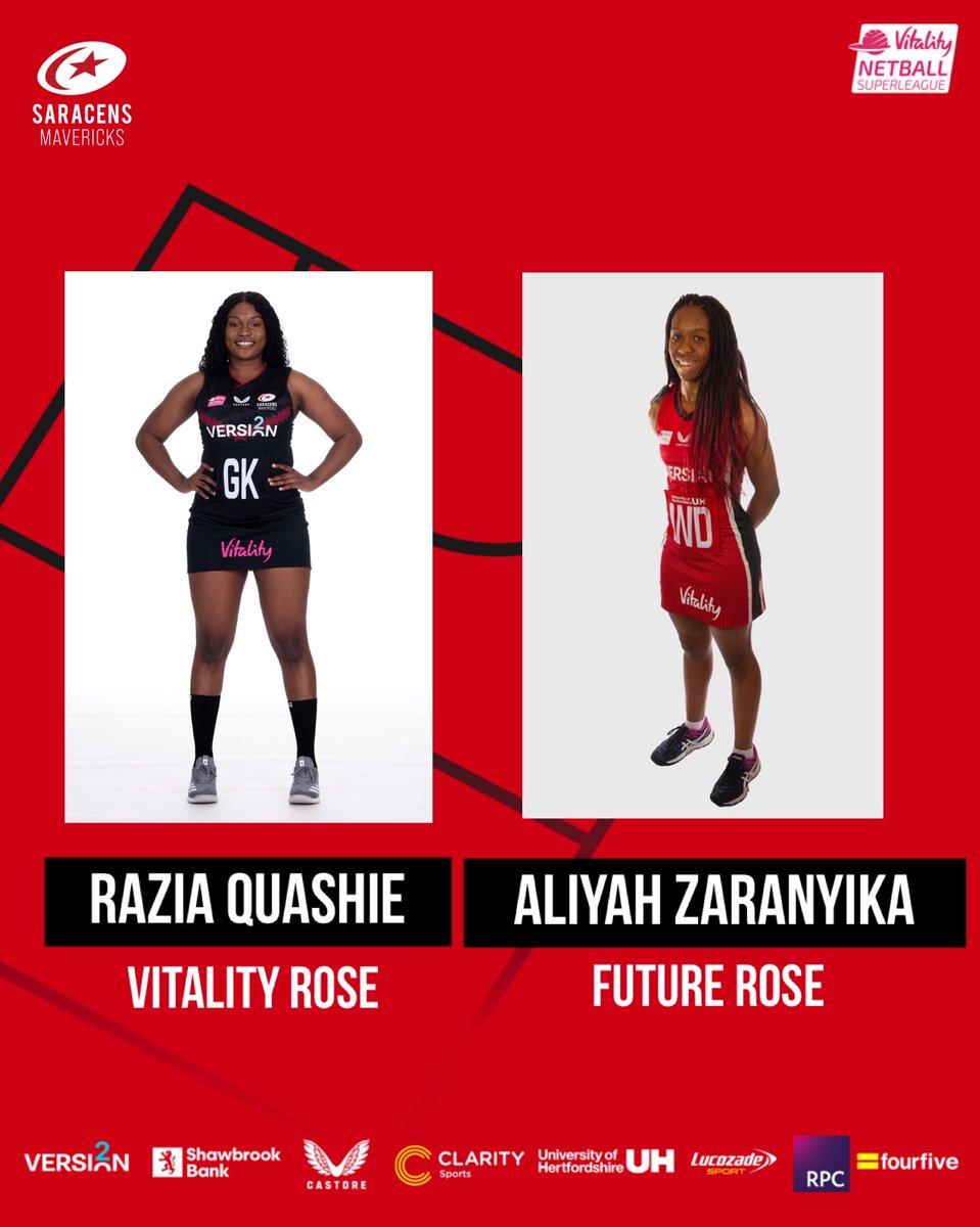 🗞 INTRODUCING OUR ROSES 🌹

Huge congratulations to 2 of our dynamic defenders selected for the 2022/23 <a href="/EnglandNetball/">England Netball</a> Roses Programme!

Vitality Rose
🌹 <a href="/R_Quashie_/">Razia Quashie</a> 
Future Rose
🌹 <a href="/AliyahZii/">Aliyah Zaranyika</a> 

Read more here 👉 bit.ly/3KEjXH1

#BeAMaverick⚫️🔴