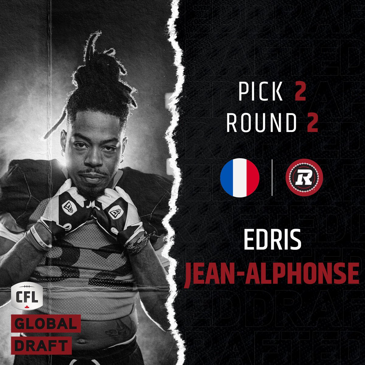 Avec vitesse. 🚀

The <a href="/REDBLACKS/">Ottawa REDBLACKS</a> take 🇫🇷 DB, Edris Jean-Alphonse early in the second round.

#GlobalDraft | #CFL