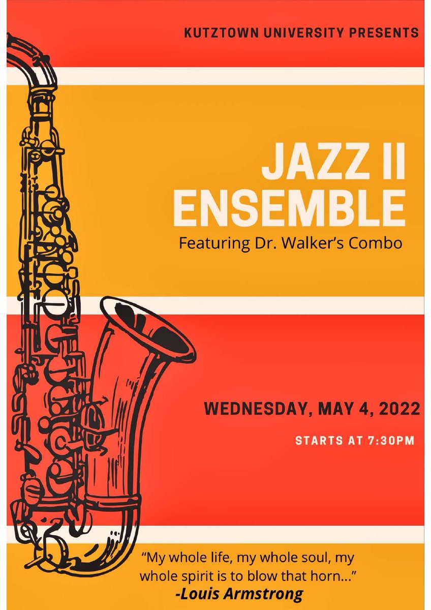 Join us in person for Jazz II Ensemble performing on Wednesday, May 4th at 7:30 PM in Schaeffer Auditorium! Featuring Dr. Walker's Combo. We are unable to livestream this concert, we apologize for any inconvenience.

#kutztownuniversity #departmentofmusic #jazzIIensemble