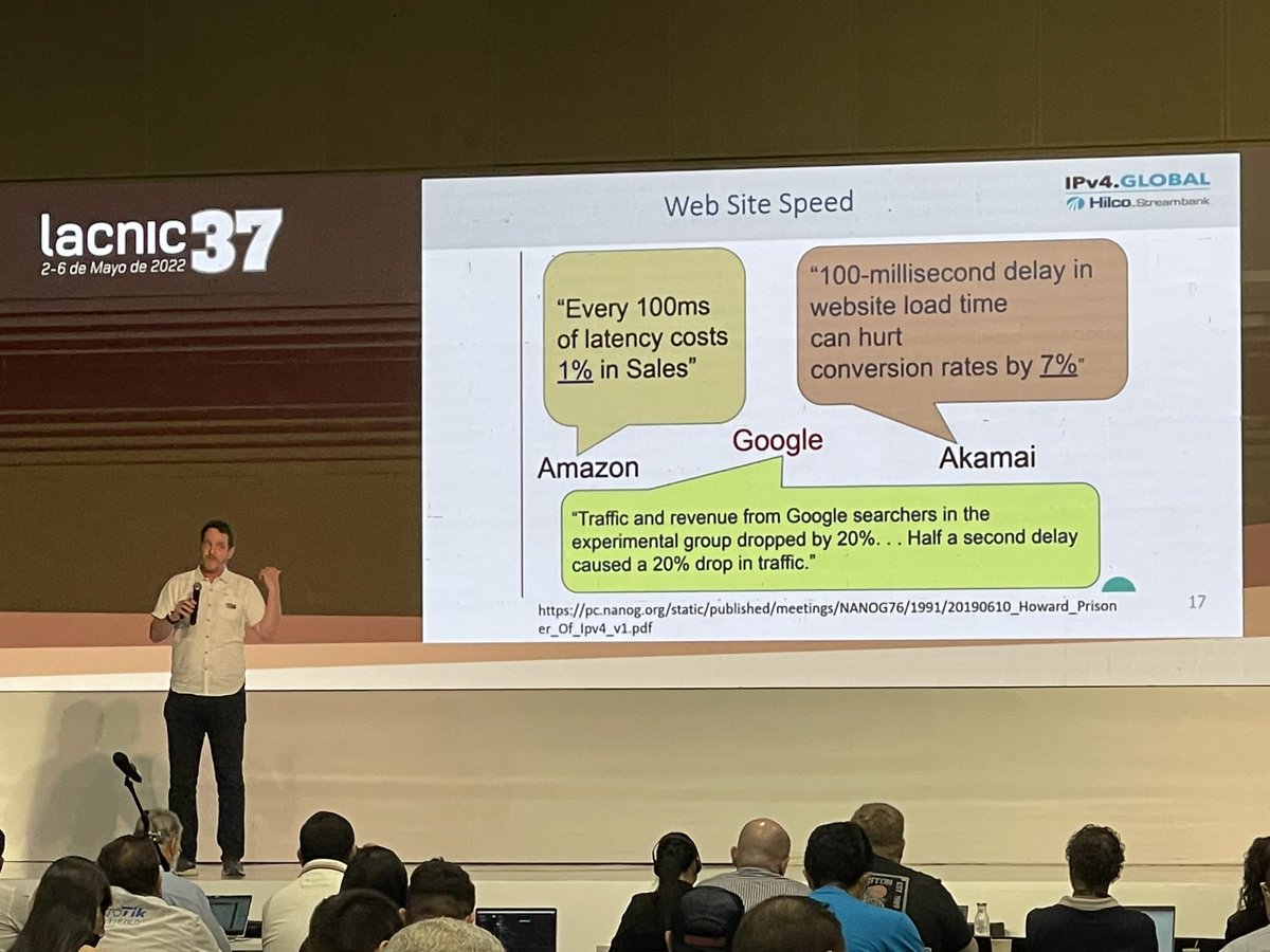 mignacioestrada's tweet photo. “100ms de latencia cuestan un 1% de las ventas” según Amazon / Lee Howard sobre #IPv6 en #LACNIC37 https://t.co/8Ujik7lli5