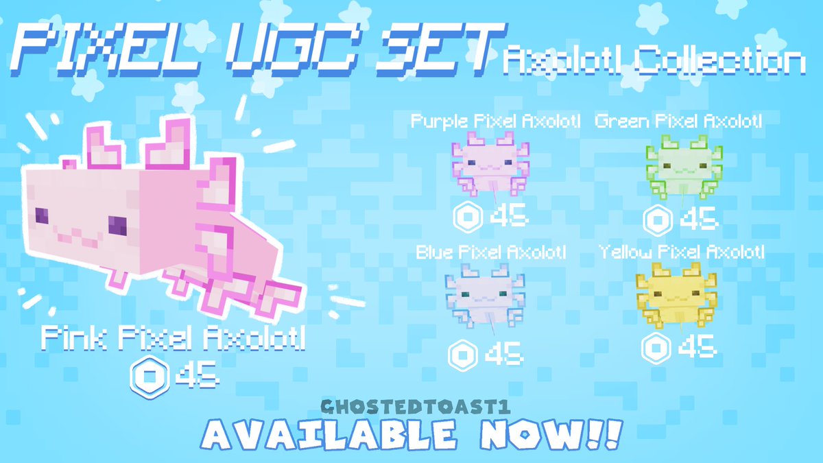 🌊Pixel Axolotl Series Wave🌊 
 A nice addition to the upcoming hot and spicy summer season! More summer UGC coming soon… 
——————
⭐️SHOP: ugc.works/ghostedtoast1
——————
#RobloxUGC #UGC #RobloxDev #Roblox <a href="/robloxdevrel/">Roblox Developer Relations</a>