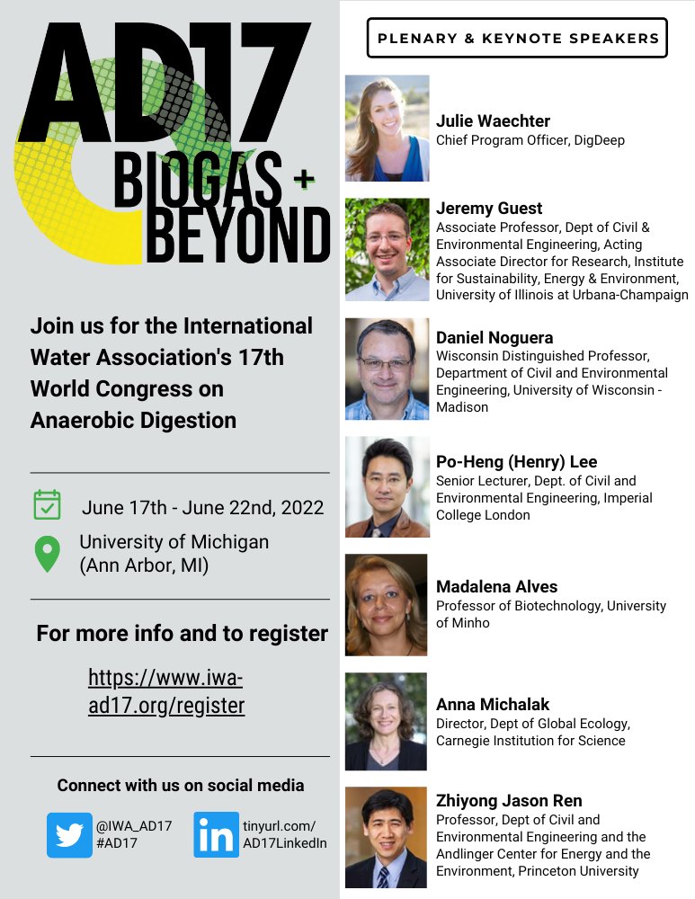 IWA_AD17's tweet photo. We have a full lineup of plenary and keynote speakers scheduled for #AD17! Register today so you don't miss out! https://t.co/inv4oXCkN7   

#AnaerobicDigestion #Biotechnology #CircularEconomy 
#Biogas #AcademicTwitter #BeyondBiogas https://t.co/mUGLE6ZF8K
