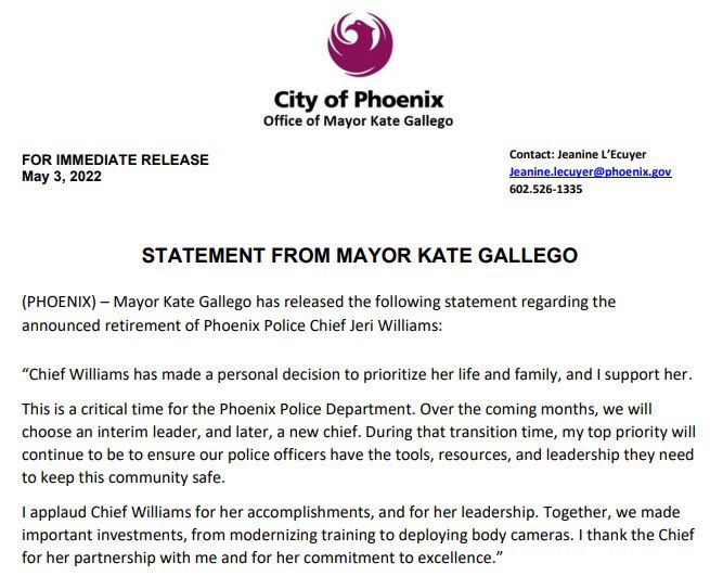 MayorGallego's tweet photo. Statement from Mayor Kate Gallego on the retirement announcement of @PhoenixPolice Chief Jeri Williams. https://t.co/iYWtmD9PDo