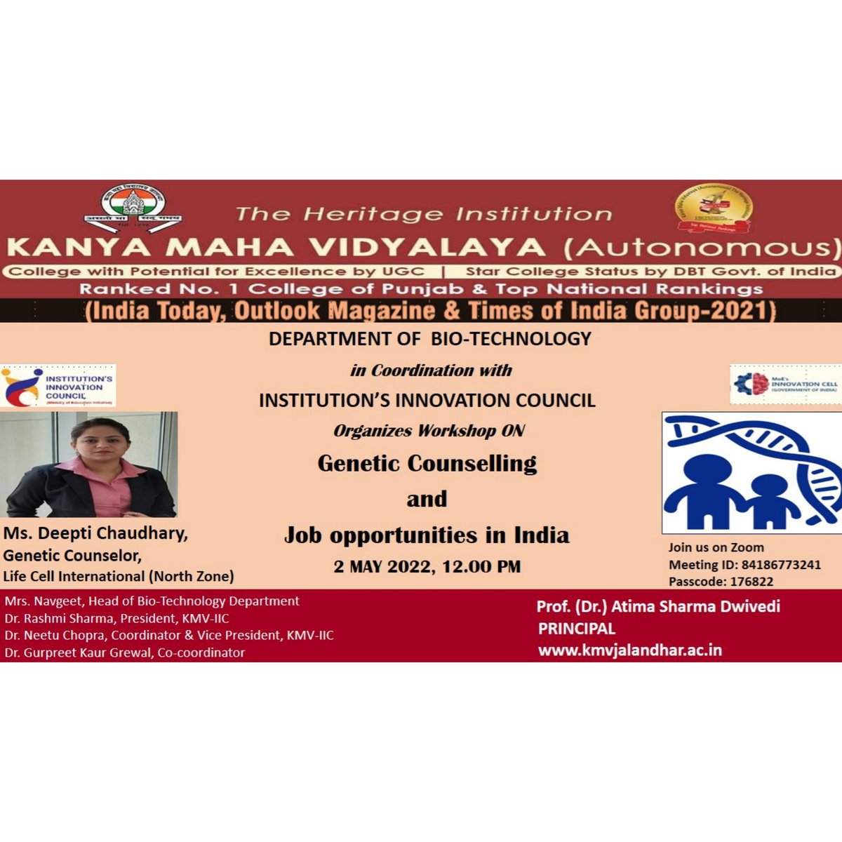 kmviic's tweet photo. Department of Biotechnology in association with KMV IIC organised workshop on Genetic Counseling and Career opportunities in India @abhayjere @mhrd_innovation @EduMinOfIndia @DwivediAtima @rashmi_3a https://t.co/aWcbp2gwR2