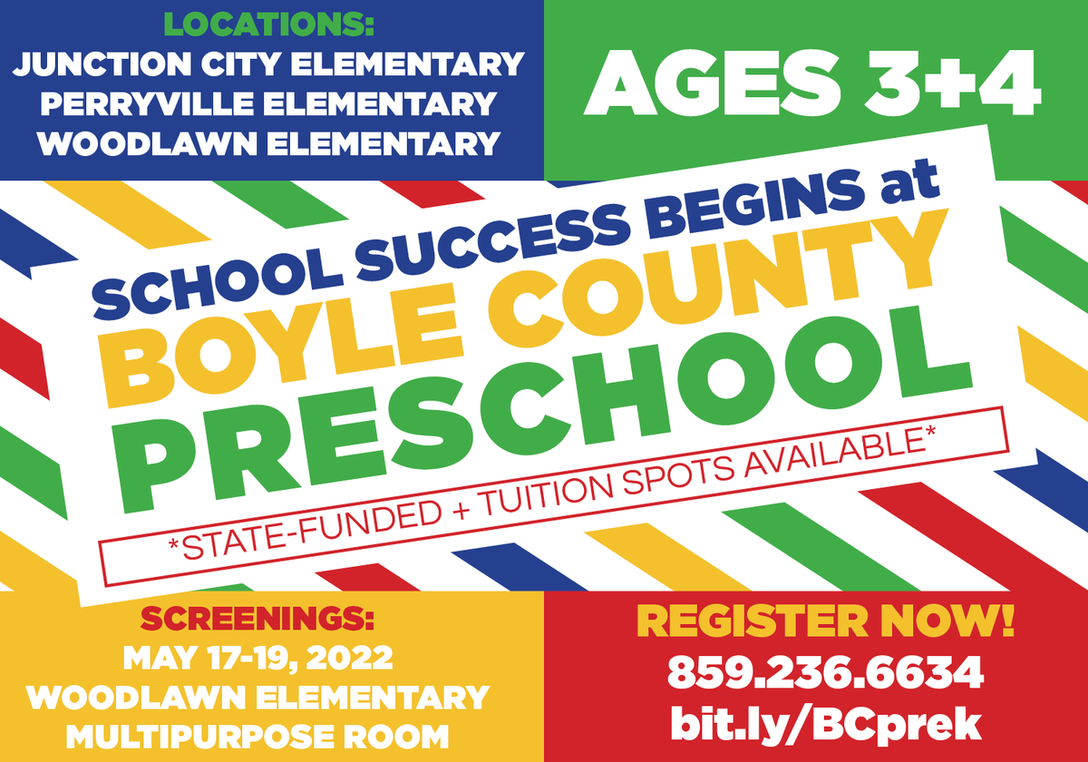 Four-year-old old preschool screenings will be held May 17-19 at the <a href="/WESColts/">MRSTIVEN TC</a> multipurpose room! Open to all Boyle County residents. State funded and tuition spots available. bit.ly/BCprek

NOTE: Three-year-olds will be screened in July/August. More info to come.