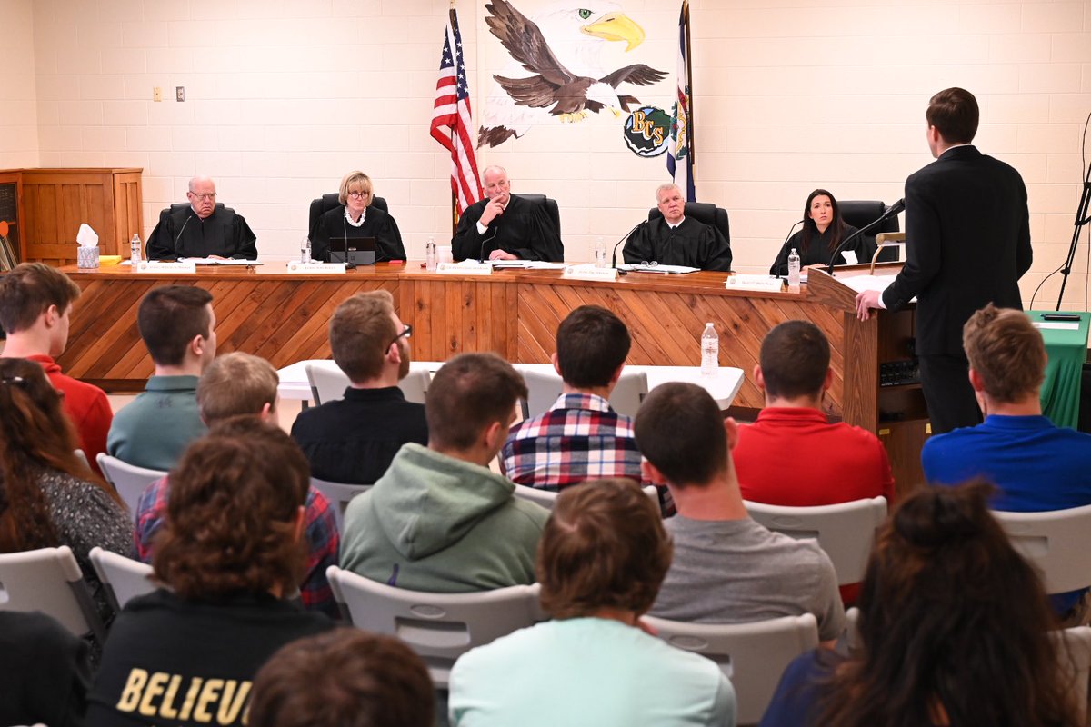 WVcourts's tweet photo. The Supreme Court of Appeals heard oral arguments in three cases today, May 3, 2022, in Braxton County, WV as part of the LAWS Project. Students from Braxton and Webster County High Schools attended. https://t.co/SMV76FRnQi