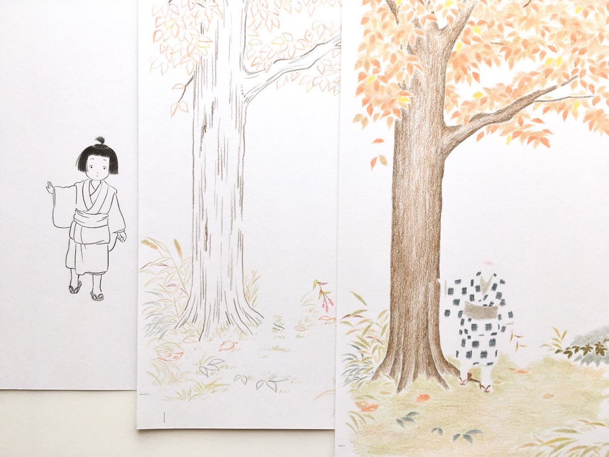 折々、カラーの原画や描き方の話になります 最近は線や色などに分けて描きデータで合わせるやり方のことが多いのですが、表に出ない色だけの紙もけっこうきれいだなとか思ったりします 