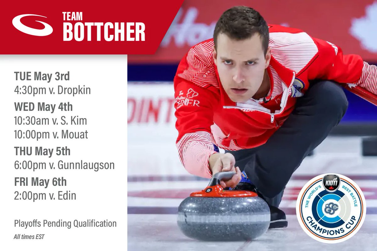 Goldline Curling (@goldlinecurling) on Twitter photo Team Bottcher plays tonight at 4:30 PM EST in the Kioti Champions Cup in Olds, Alberta. #GSOC
Follow along with:
Broadcast Schd: buff.ly/39mLBv5 *Coverage starts May 5th
Draw Schd: buff.ly/39svBaZ
Live Scores: buff.ly/3vFRdcN
<a href="/grandslamcurl/">Grand Slam of Curling</a> <a href="/TeamBottcher/">Team Bottcher π</a> Team Bottcher plays tonight at 4:30 PM EST in the Kioti Champions Cup in Olds, Alberta. #GSOC
Follow along with:
Broadcast Schd: buff.ly/39mLBv5 *Coverage starts May 5th
Draw Schd: buff.ly/39svBaZ
Live Scores: buff.ly/3vFRdcN
<a href="/grandslamcurl/">Grand Slam of Curling</a> <a href="/TeamBottcher/">Team Bottcher π</a>