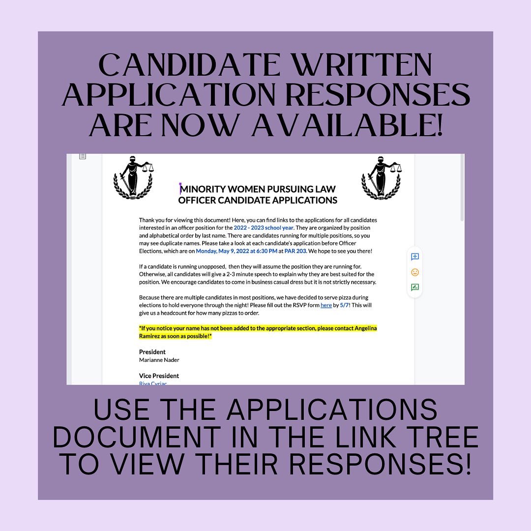 MWPLaw's tweet photo. Elections are less than a week away! In order to prepare for voting, we ask that members take some time to read through the responses. You can access the document in the link tree! https://t.co/8BLVs6t1v6