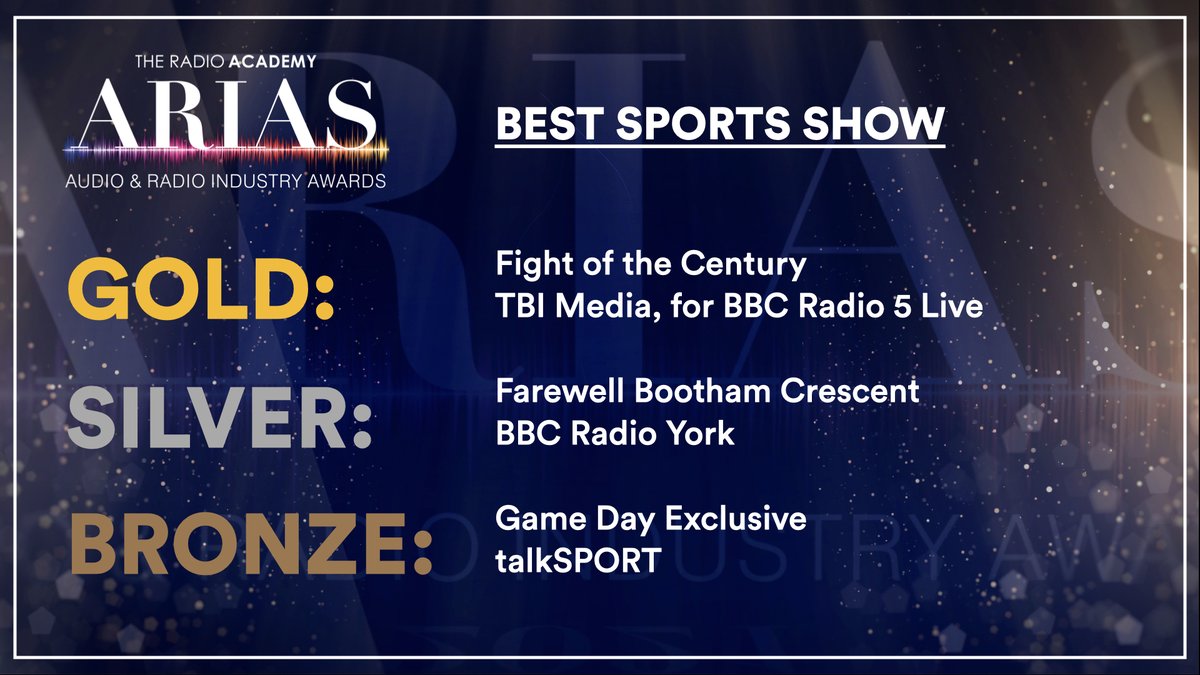 audioacademyuk's tweet photo. 🎉The winners of Best Sports Show are:

GOLD - Fight of the Century, @TBIMedia

SILVER - Farewell Bootham Crescent, @BBCYork

BRONZE - Game Day Exclusive, @talkSPORT https://t.co/64LHhHJ3Oy