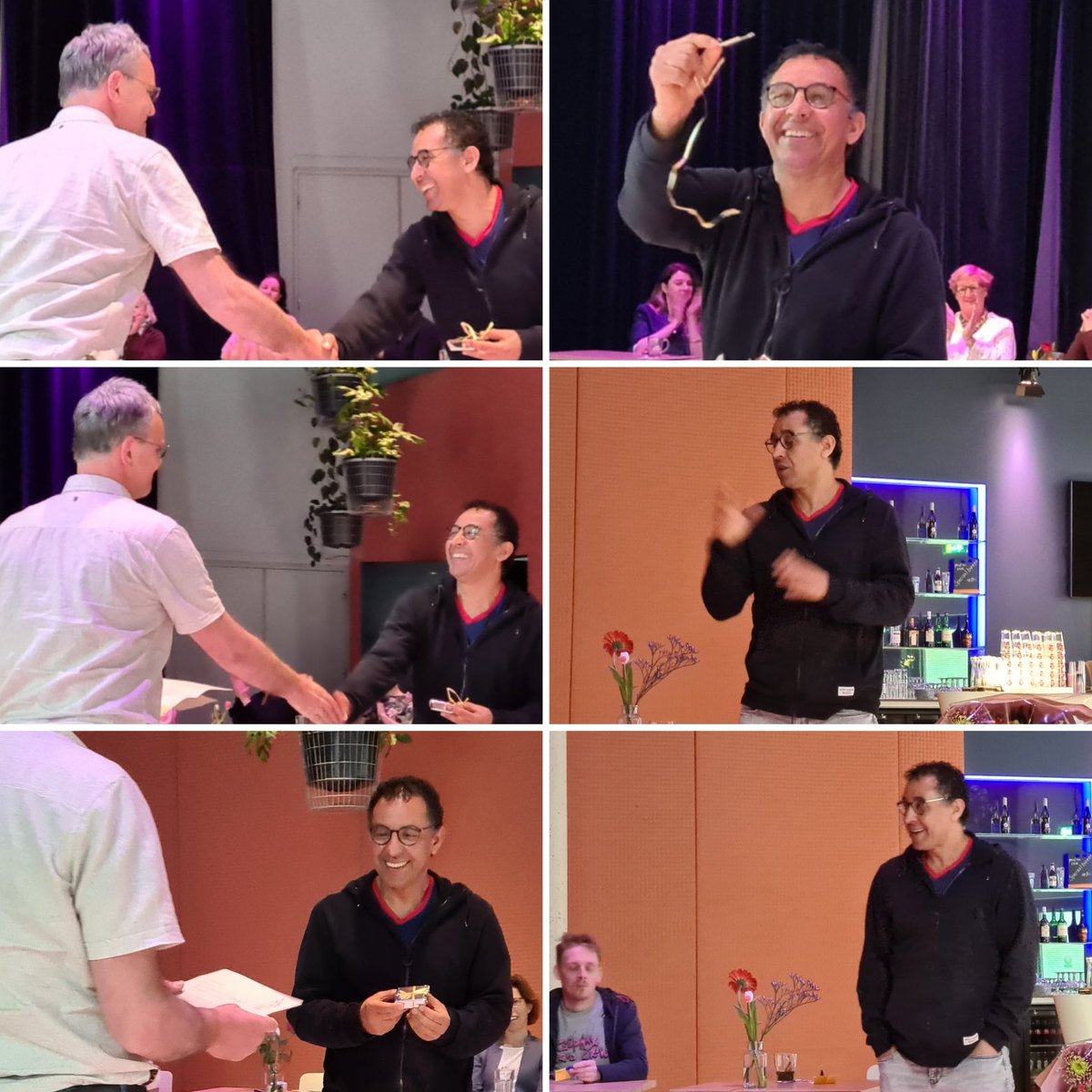 theaterdeveste's tweet photo. Onze lieve en bijzonder gewaardeerde techniekcollega Hassan Izem heeft vandaag een Zilveren Krommer gekregen, voor zijn 25 jarig werkjubileum in de theatersector als technicus. Gefeliciteerd Hassan! ❤️

#theaterdeveste #delft #vscd #zilverenkrommer https://t.co/KRsMOQhMZt
