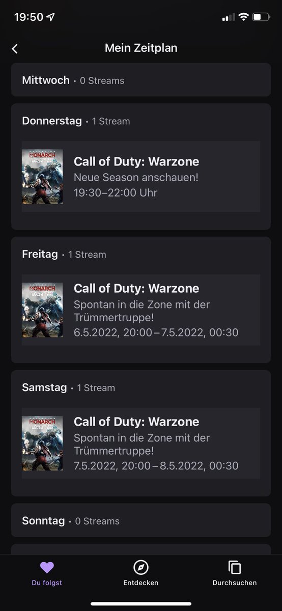 Fahrplan für die Woche. Immerhin das bin ich euch schuldig 😂😂 wir machen weiter die Season3 unsicher. Änderungen natürlich vorbehalten 🥸

#twitchde #twitch #warzone #smallstreamer #twitchdeutschland #StreamersConnect
