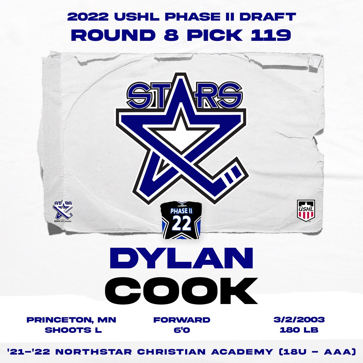 LincolnStars's tweet photo. With the 119th overall selection in the 2022 USHL Phase II Draft, we’ve picked Dylan Cook! #AllAboard🚂 https://t.co/f7HLYsp2gF