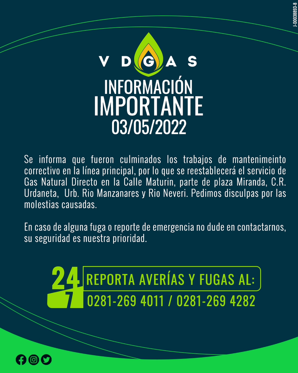 vdgas's tweet photo. VDGAS Informa que ha sido restablecido el servicio de Gas Directo Natural en los sectores Calle Maturín, parte de la Plaza Miranda, Conjunto Residencial Urdaneta, Urb. Río Manzanares y Río Neverí.
Pedimos disculpas por las molestias causadas.
#vdgas #suspension #gasdirecto https://t.co/DvW01WJOpB