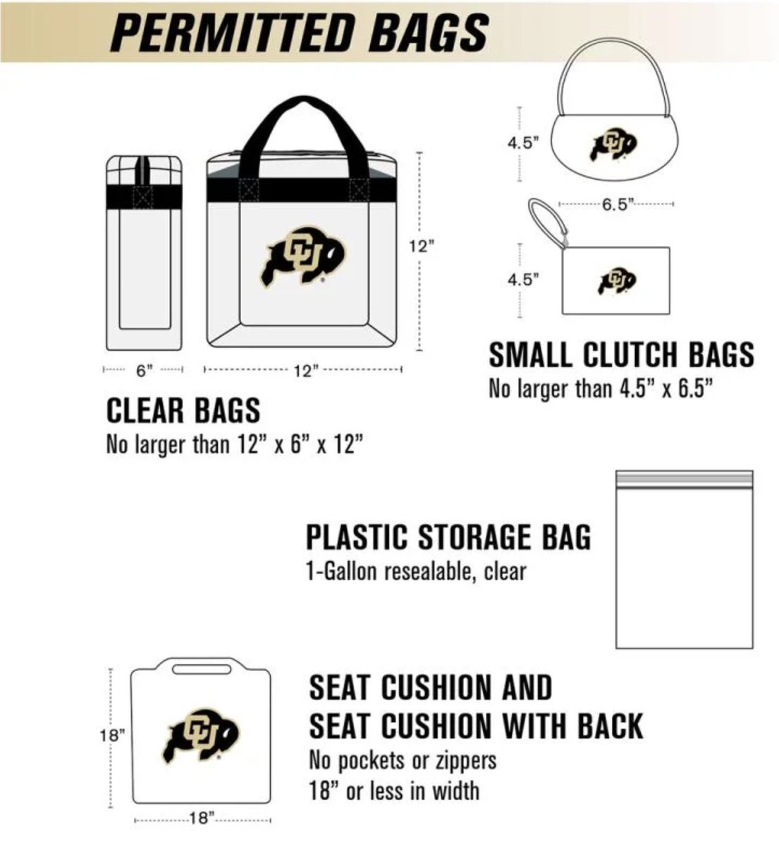 As a reminder for those attending commencement, Folsom Field complies with all TSA and Homeland Security prohibited items lists! 

Please click the link and graphics below for more information regarding bags at commencement! ⤵
bit.ly/3FjDwU4