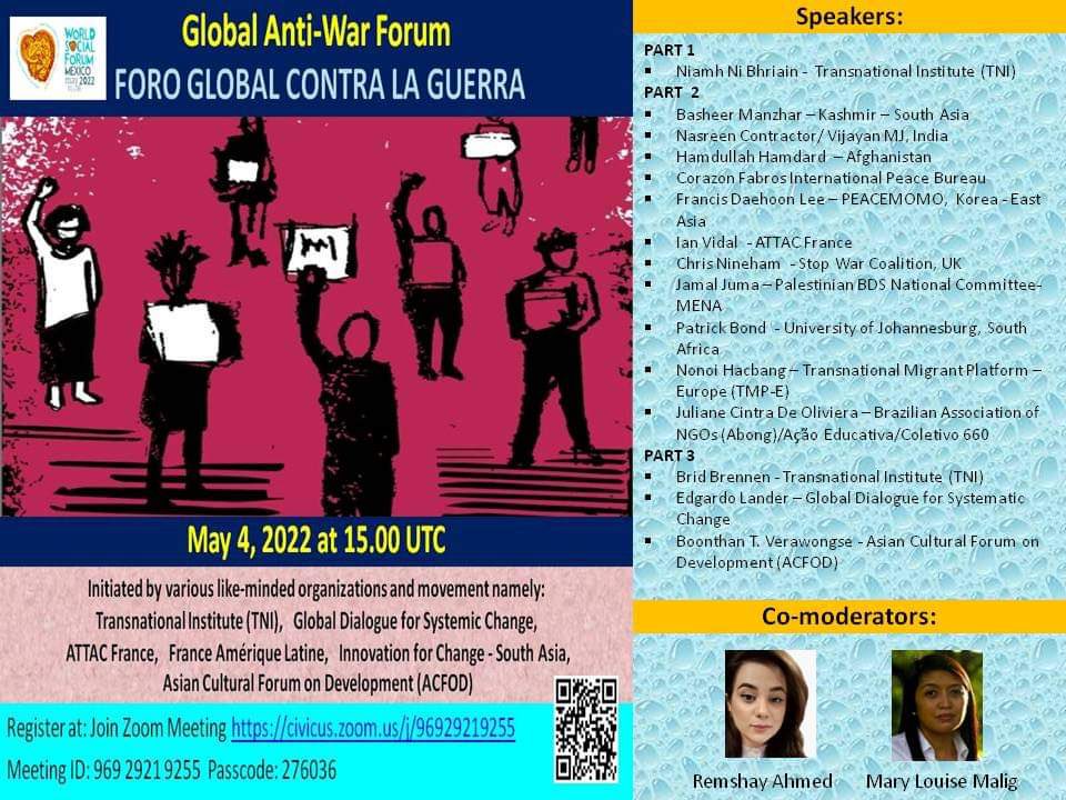 SysAlt's tweet photo. Please join us in this Global Anti War Forum tomorrow, May 4 at 15:00 UTC Zoom details in the poster below. https://t.co/00kKoOaNuU