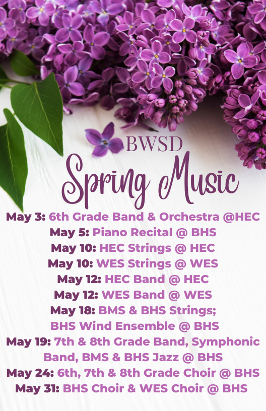 Check out all of music happening in the BWSD this month!  Come and celebrate spring with us! <a href="/BWSDMusicDept/">BWSD Music Dept.</a> <a href="/baldwinhschoir/">Baldwin High School Choirs</a>  <a href="/BHSActivities/">Baldwin High School</a> <a href="/MrClancyMusic/">Mike Clancy</a> <a href="/KathyHawk6/">Kathy Hawk</a> <a href="/Mrsoldsmusicbw/">Katie Olds</a> <a href="/WhitehallNews/">Whitehall Elementary</a> <a href="/MrsWessel_HEC/">Mrs. Wessel</a> <a href="/BHMusicPatrons/">Baldwin Music Patron</a>