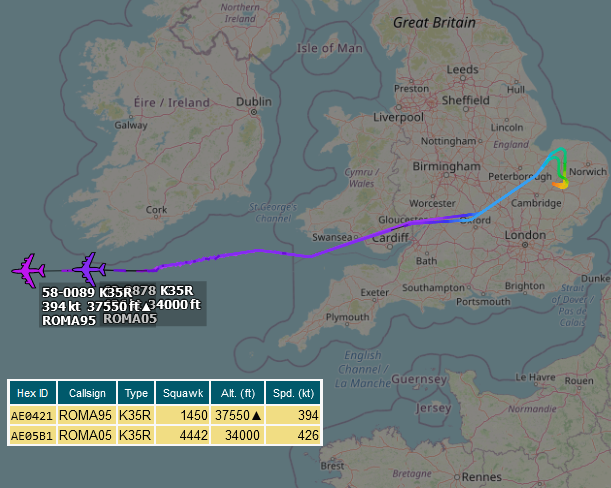 SirListenalot's tweet photo. ~1005z #KC135's #AE0421 as #ROMA95 and #AE05B1 as #ROMA05 repositioning from Mildenhall to Gander https://t.co/DSby4ry8e6