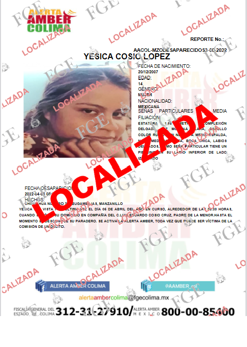 AAMBER_col's tweet photo. Nos es grato informar que ha quedado desactivada la Alerta que se emitió por la desaparición de la menor, JESICA JAMIN COSIO LOPEZ, debido a que ya fue localizada. https://t.co/rB71jJsFgd