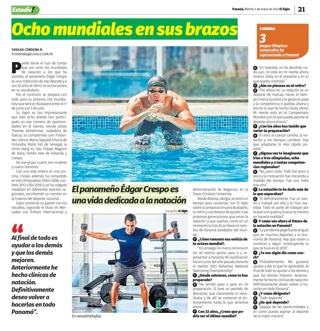 Entrevista con el nadador <a href="/EdgarCrespo11/">Edgar Crespo</a>, a sus 32 años no piensa en el retiro
