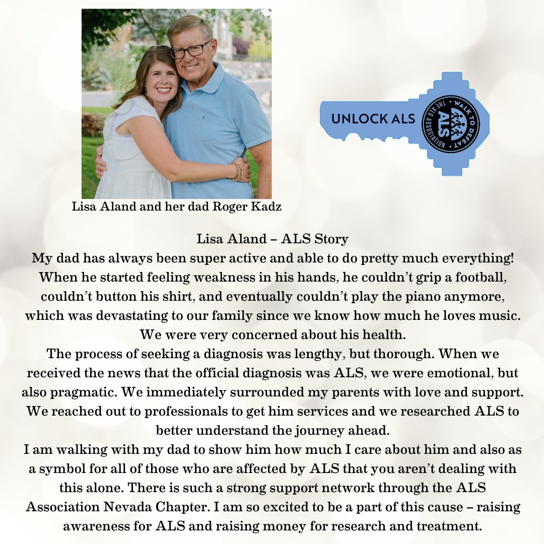 ALS_ofNevada's tweet photo. The blue lanyard means "I'm walking in honor of someone who has ALS." Read Lisa's story about the impact of ALS in her life and, more importantly, how she walks for her dad.
To walk in honor of someone who has ALS please register at https://t.co/7ictzl6UZ4. #UnlockALS https://t.co/ZJ4qJC0VuI