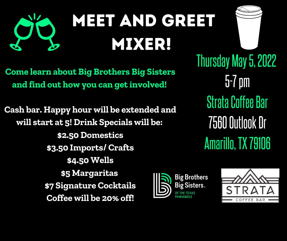 **CORRECTION** Please join <a href="/AmarilloBBBS/">BBBS Texas Panhandle</a> this Thursday May 5th at @stratacoffeebar from 5-7 and learn how you can help change the life of a child for the better, forever! Thank you so much @stratacoffeebar for hosting us!