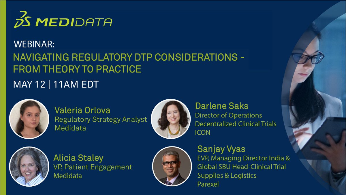 Medidata's tweet photo. #Directtopatient (DtP) supply is key to enabling #decentralizedtrials (DCTs) in #clinicalresearch. Join Medidata's Valeria Orlova & @stales, + leaders from @Parexel & @ICONplc, to learn how to ensure a regulatory compliant, robust DtP process. Sign up now: https://t.co/KxQrr04vjh https://t.co/w0Y5Az7aIn
