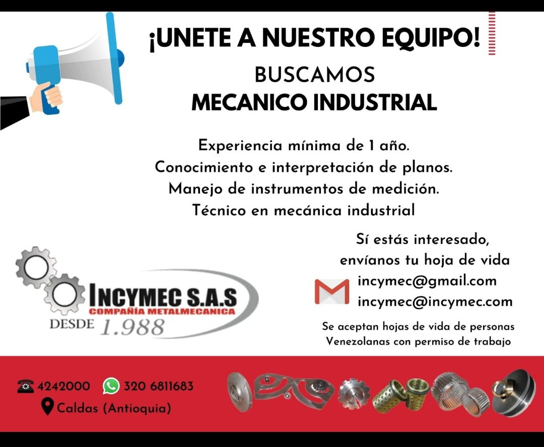 Pipecano_Chiney's tweet photo. Estamos buscando mecánico industrial para trabajar en empresa. 
Sector caldas Antioquia.
Favor enviar hoja de vida. https://t.co/37mE9BxgrP