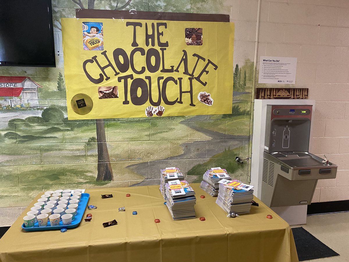 SES_Hornets's tweet photo. We had a wonderful reveal party for One Book Read City! Students received their own copy of the Chocolate Touch with a sip of hot chocolate! https://t.co/5M8JOAbalh