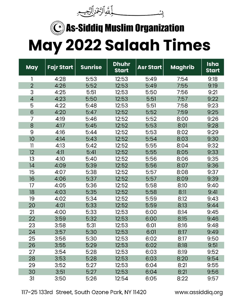 assiddiqmasjid's tweet photo. Here are our Salaah time for May 2022 ๐ #cometosuccess https://t.co/mVizFRoM3u