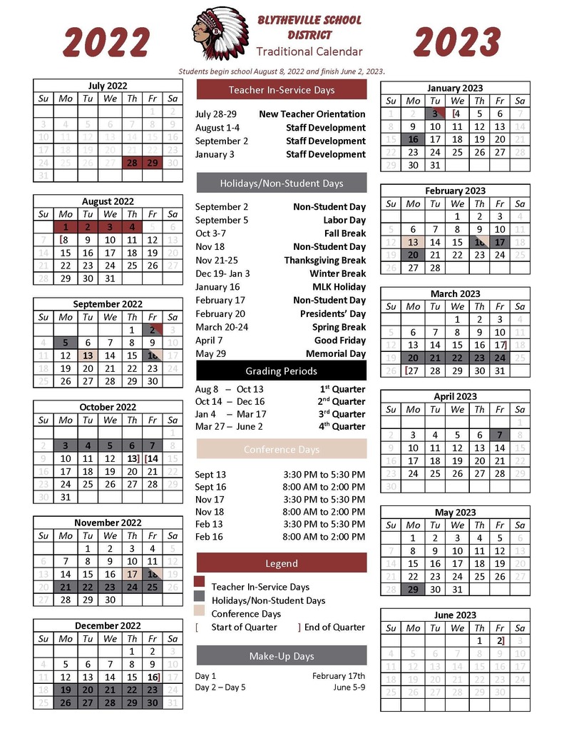 BlyMiddle's tweet photo. On Thursday, April 28th, the Blytheville Board of Education approved the 2022 - 2023 calendar. Students will start school on August 8, 2022. This calendar can also be found on the district website under the events tab. https://t.co/liw4Yu2A1w