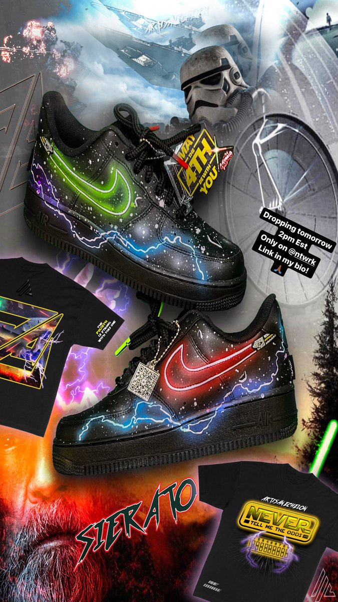 realSIERATO's tweet photo. We goin crazyyyy TOMORROW at 2pm EST on @ntwrk “MAY THE 4th” @artisanechelon X @SIERATO Drop✨🛸💫 DONT MISS YOURS IGHT!!! Link is in my bio.
#maythe4th #starwars #starwarsday #airforce1 #merchdrop #ntwrk #customforces #explorepage https://t.co/OIo8OxWuoZ