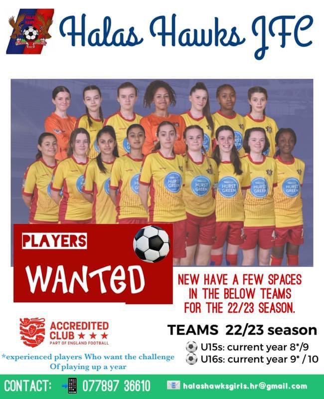 GirlsHalasHawks's tweet photo. We have the following spaces at Halas Hawks girls football 
Wildcats: reception age 
New u7s Angels - current year 2 
New u10s team - current year 4
U13s warriors- current year 7 
U15s Angels - current year 8/9
U16s Warriors - current year 9/10. https://t.co/izqpskmxUJ