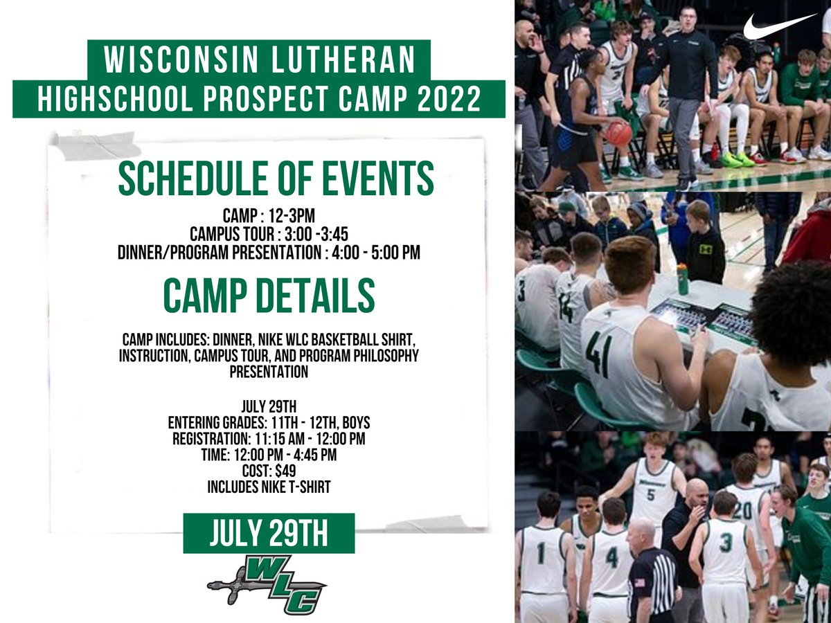 Wisconsin Lutheran College Men's Basketball program is hosting a Highschool Prospect Camp July 29th. The camp is open to boys entering 11th-12th Grade.

🚨For more information and to register visit: mensbasketball.wlcsportscamps.com/high-school-pr…

#WeAreWarriors🏀⚔️