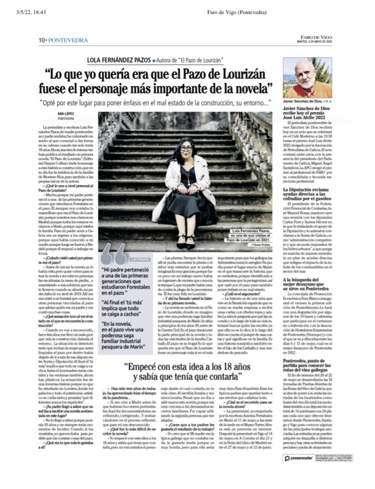 pazolourizan's tweet photo. Mi entrevista en el @FaroPontevedra ♥️♥️♥️♥️♥️♥️♥️♥️♥️♥️♥️♥️♥️ @LolaFdezPazos #ElPazodeLourizán #NovelaRomántica #GeneroSaga #Historiasenfemenino @HarperCollinsIB https://t.co/e4TN3c8ujG