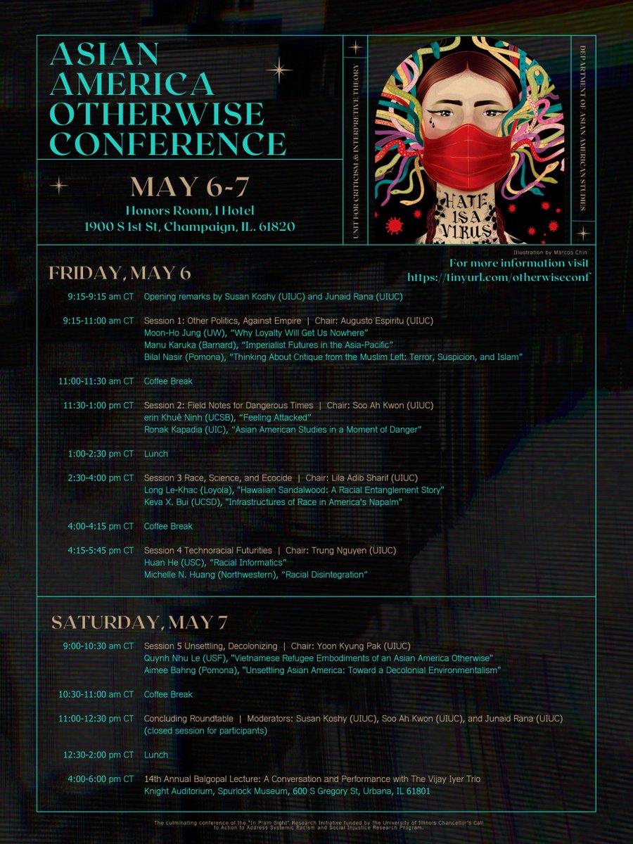 Don't miss the Asian American Otherwise conference at the I Hotel on May 6-7, culminating in the 14th Annual Balgopal Lecture with Vijay Iyer! For more info and an accessible schedule: calendars.illinois.edu/detail/3094/33…